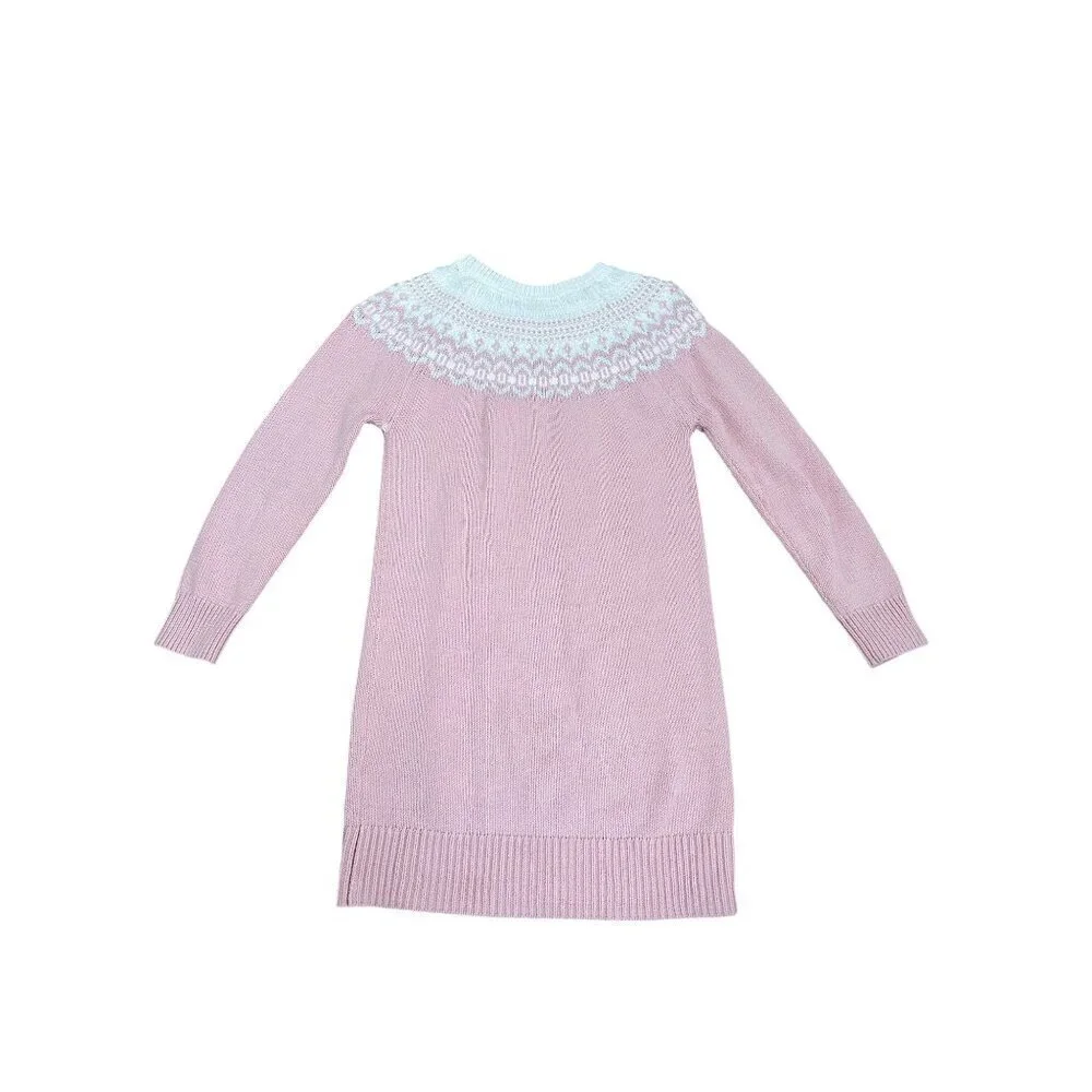Gap Kids Pink Knit Sweater Dress With White Fair Isle Yoke Design Long Sleeves &